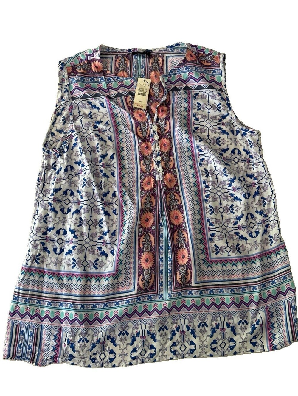 Talbots Petites Medallion Sleeveless Shell Blouse With V-split Neckline PS